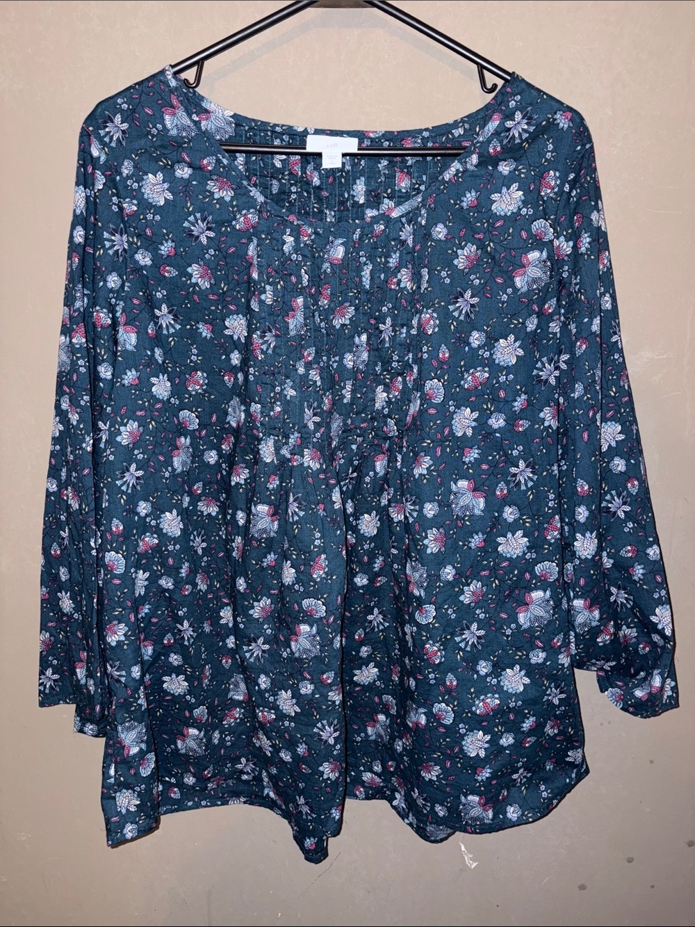 J. Jill Teal Floral Pintuck Long-Sleeve Tunic